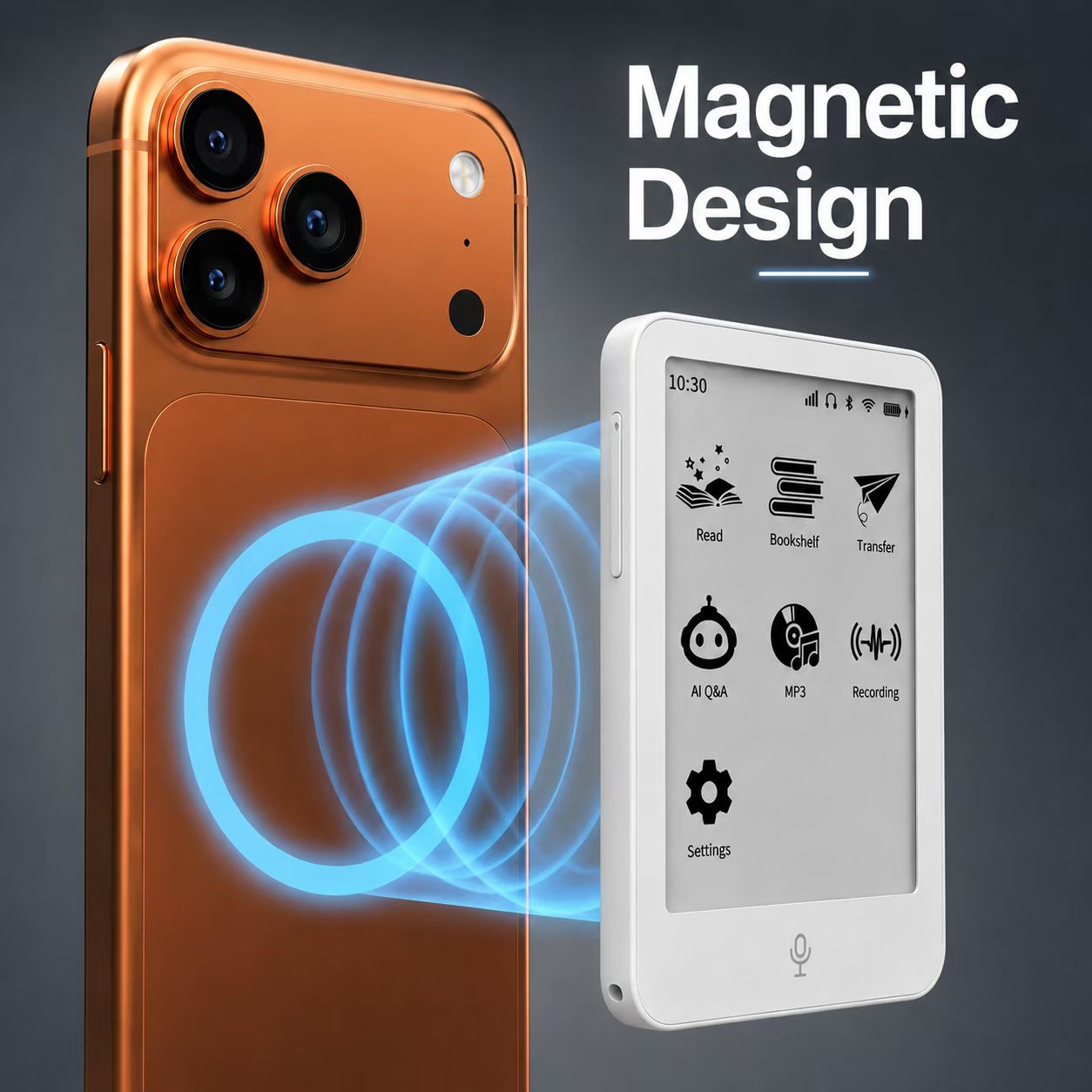 S1 Pocket Reader shown attaching magnetically to a phone