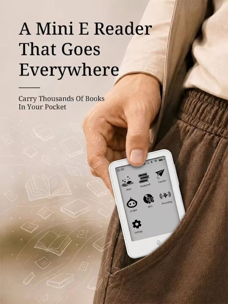 S1 Pocket Reader with an English interface being placed into a pocket